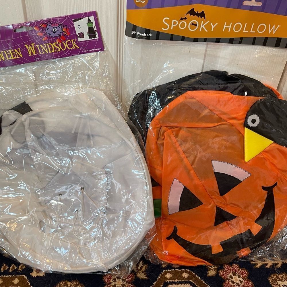 2 Vintage Spooky Hollow Windsocks Ghost Pumpkin Crow